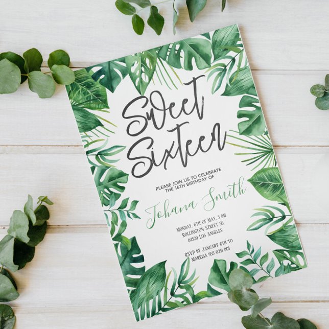 Convites Verde Tropical Monstera Doce Dezesseis Aniversário (Criador carregado)
