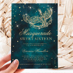Convites verde verde mascarada com máscara de ouro doce 16<br><div class="desc">Um doce moderno,  chico e glamouroso dezesseis,  com uma máscara de mascarada com brilho dourado desenhado à mão com faíscas de diamante dourado em um fundo verde-escuro de cor-d'água.</div>