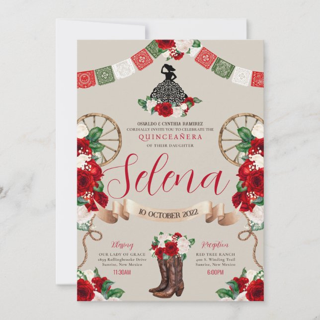 Convites Verde Vermelho Branco Charro Quinceanera Papel Pic (Frente)