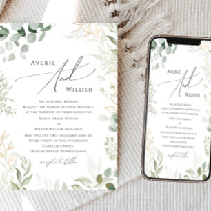 Convites Verde Whimsical e Casamento Tradicional Dourado