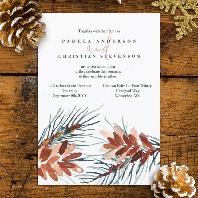 Convites Verdes de inverno, Palhaços Castanhos Cones Convit (rustic brown terracotta winter pinecone wedding invitation watercolor winter plants wedding)