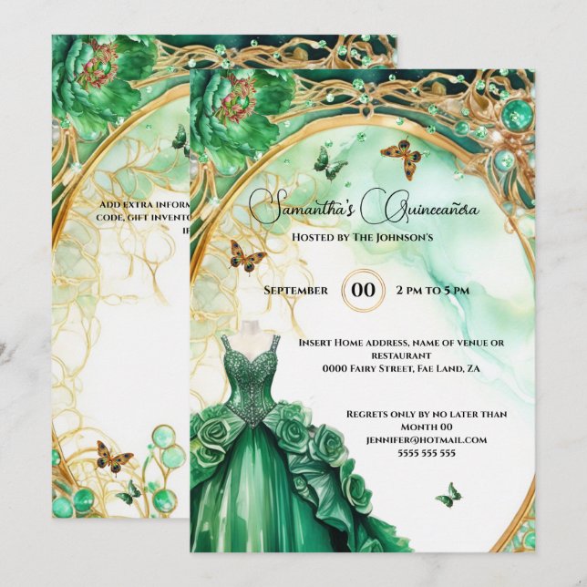 Convites Verdes Quinceañera, flores elegantes (Frente/Verso)