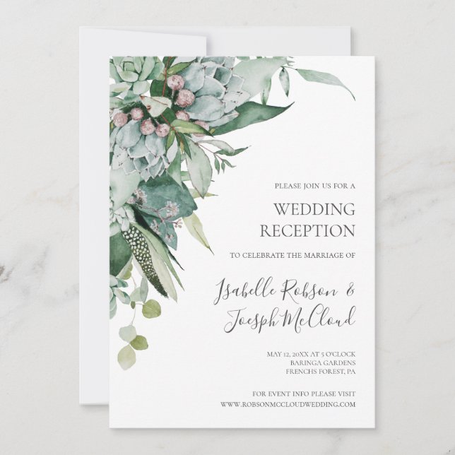 Convites Verdes Suculentos | Recepção de Casamento em Verde (Frente)