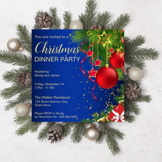 Convites Verdinhas verdes azuis, estrelas de Natal (Royal blue red green baubles stars Christmas party editable template Invitation digital download)