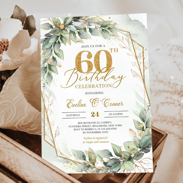 Convites Verduras botânicas modernas de ouro 60 anos (Elegant botanical green eucalyptus gold geometric 60th birthday invitation downloadable)