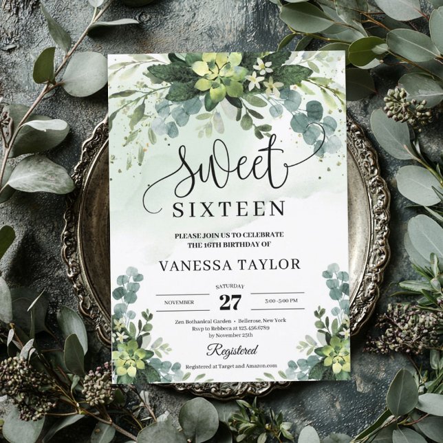 Convites Verduras russas flores suculentas doces dezesseis (Rustic greenery succulent flowers sweet sixteen invitation)