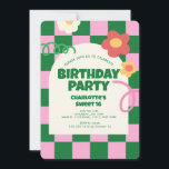 Convites Verificador Cor-de-Rosa Verde Retroativo Doce 16 F<br><div class="desc">Festa de aniversário do padrão do verificador rosa verde retroativo</div>