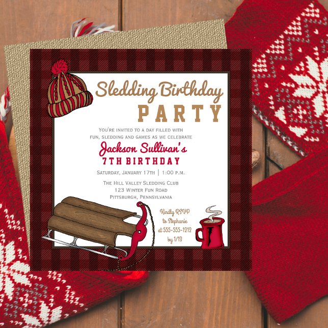 Convites Vermelha | Festa de aniversário de manchas de Xadr (Red and Black Plaid Retro Sledding Birthday Party Invitation)