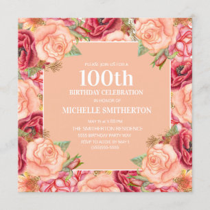 Convites Vermelha rosa Floral 100ª Festa de aniversário Mul