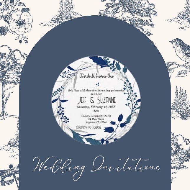 Convites Vermelhidão Floral Cristã Dois Torna-Se Um (Christian Blue Floral Wreath Two Become One Wedding Invitations)
