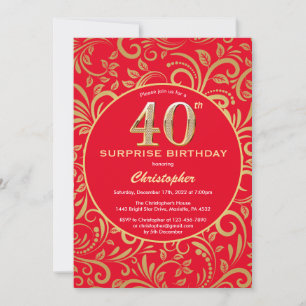 Convites Vermelho aniversário de 40 anos de Surpresa e Flor