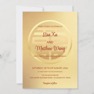 Convites Vermelho Bilíngue Dourado Casamento chinês