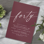 Convites Vermelho borgonha | aniversário de 40 anos de Maro<br><div class="desc">Aniversário de 40 anos,  estilo moderno,  com texto de título "quarenta" em uma fonte de script. Fonte branca sobre fundo vermelho profundo.</div>