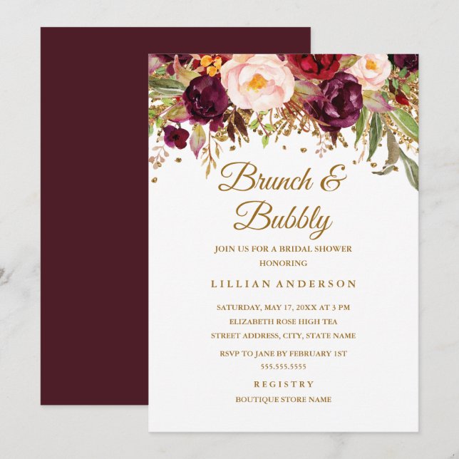 Convites Vermelho Borgonha Dourado Floral Brunch E Bubbly (Frente/Verso)