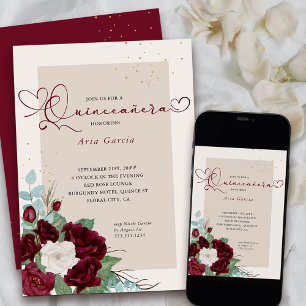 Convites Vermelho Borgonha e Rosas de Marfim Elegante Quinc