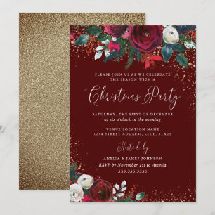 Convites Vermelho Borgonha Floral Pó Dourado Natal