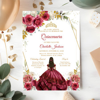 Convites Vermelho Borgonha Floral Quinceanera Aniversário