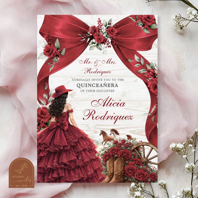 Convites Vermelho Borgonha Laço Coquete Charra Quinceanera (Criador carregado)