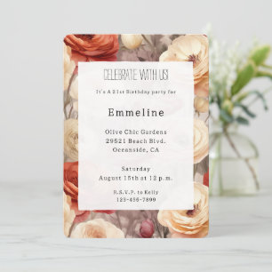 Convites Vermelho Borgonha Romântico Floral Creme Aniversár