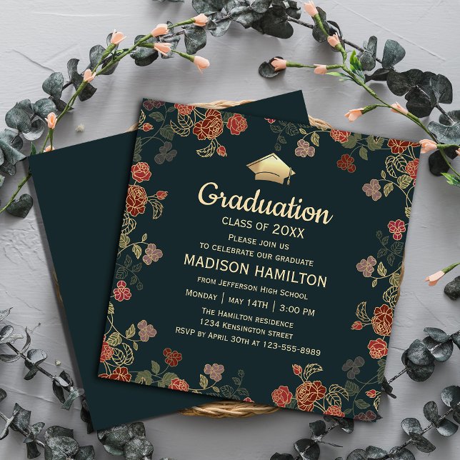Convites Vermelho Botânico e Festa de formatura Dourada (Elegant Red and Gold Graduation Party Invitation #graduationinvitation #botanical #graduate#greenery)