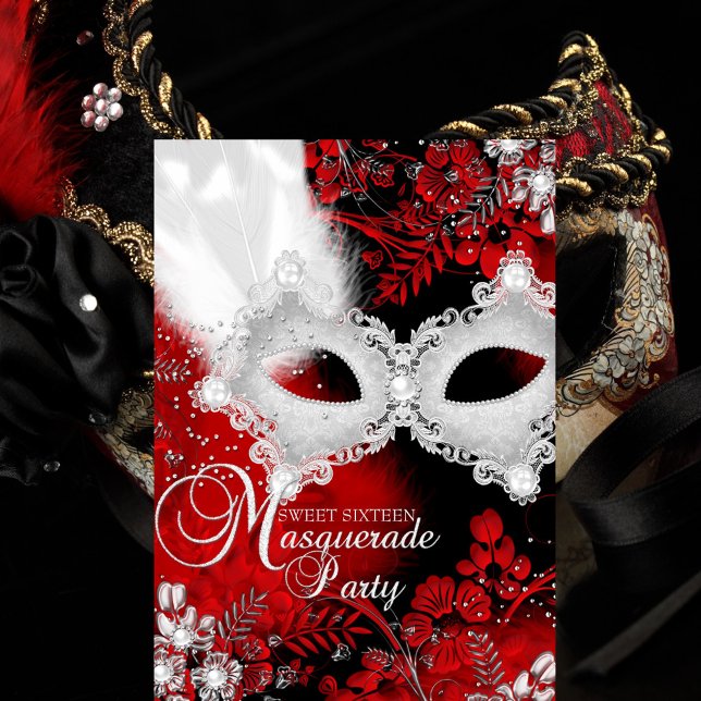 Convites Vermelho Branco brilho Máscara Mascarada Doce 16 (Criador carregado)