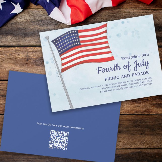 Convites Vermelho Branco Cinto Azul Quatro de Julho Bandeir (Fourth of July party invitation with red, white, and blue flag. )