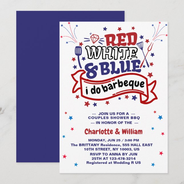 Convites Vermelho Branco e Azul eu faço churrasco Casal chá (Frente/Verso)