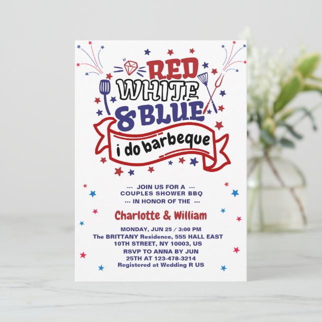 Convites Vermelho Branco e Azul eu faço churrasco Casal chá (Em pé/Frente)