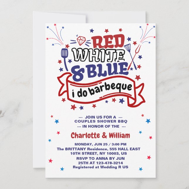 Convites Vermelho Branco e Azul eu faço churrasco Casal Chu (Frente)