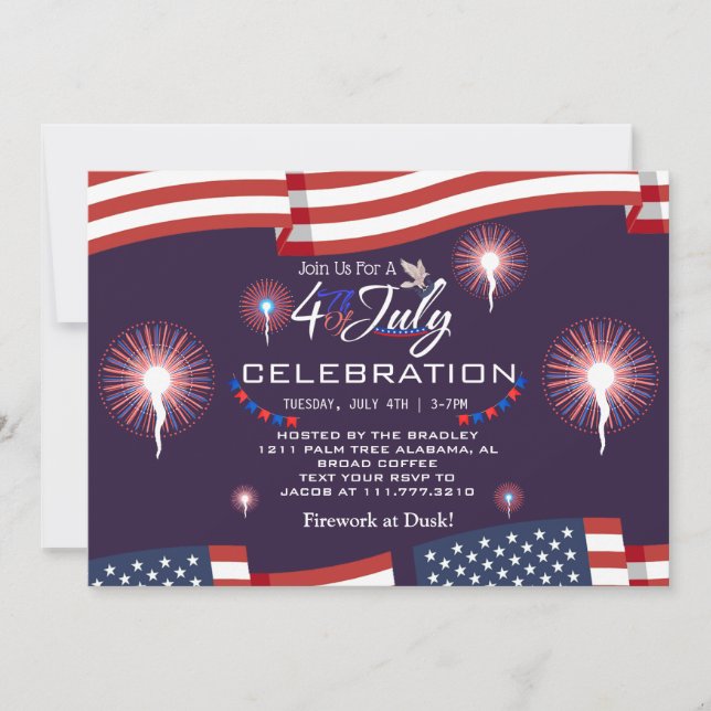 Convites Vermelho Branco e Azul Fogos de Artifício Patrióti (Frente)