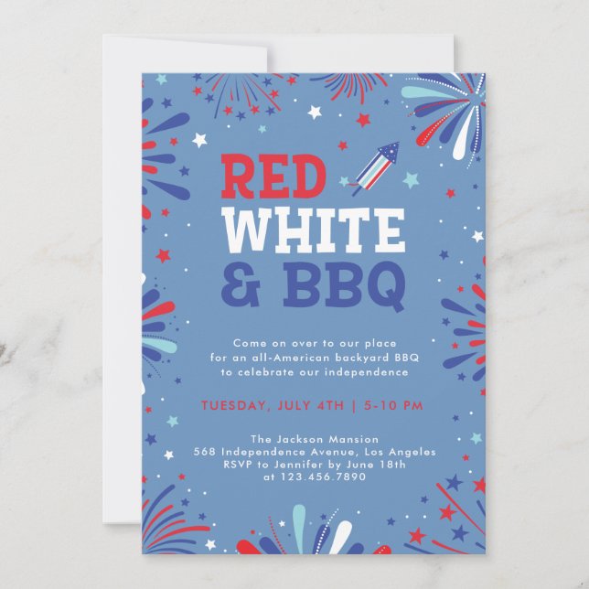 Convites Vermelho branco e churrasco 4 de julho fogos de ar (Frente)