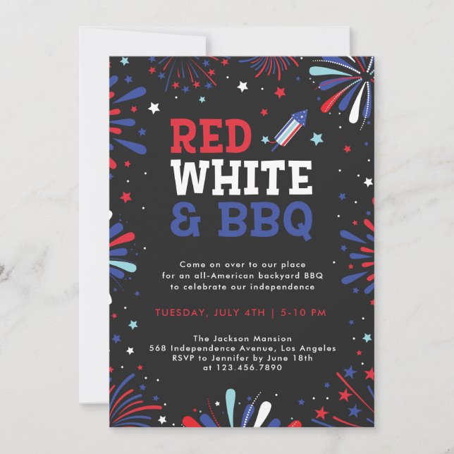 Convites Vermelho branco e churrasco 4 de julho fogos de ar (Frente)