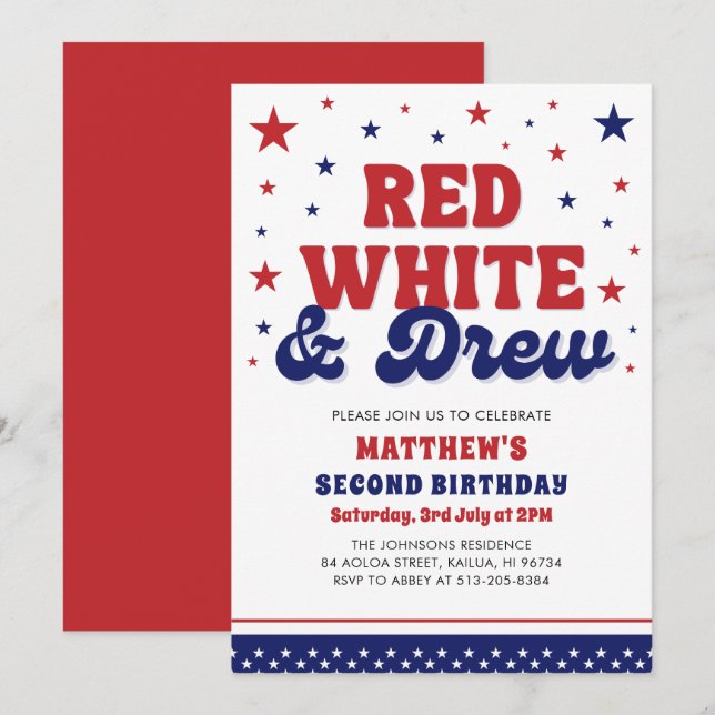 Convites Vermelho, Branco e Dois Festa de segundo aniversár (Frente/Verso)