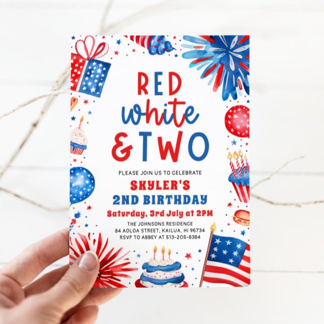 Convites Vermelho, Branco e Dois Festa de segundo aniversár (Watercolor Partiotic Fireworks Red, White & Two 4th July 2nd Photo Birthday Party Invitation)