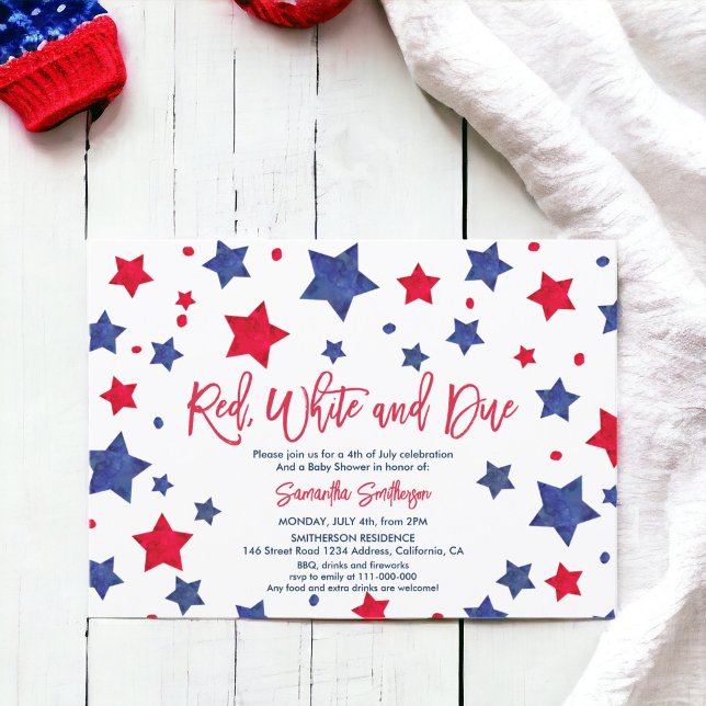 Convites Vermelho branco e estrelas a aguardar 4 de julho d (Red white and due stars 4th of July baby shower Invitation)