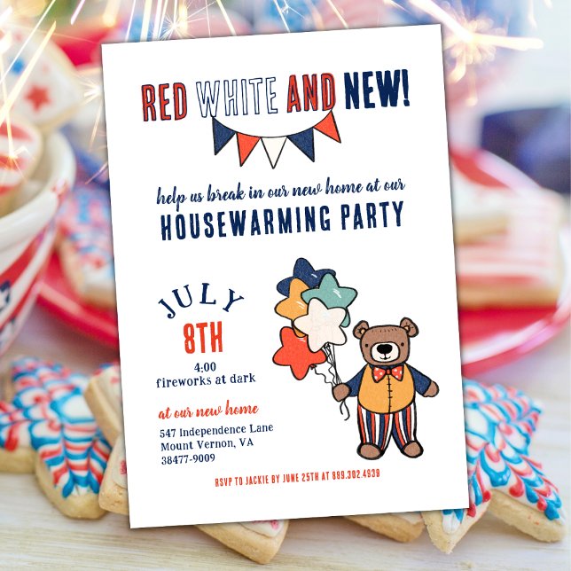 Convites Vermelho, Branco e Novo | Festa de Aquecimento de  (Red, White, and New!  Show Off Your New Home with this July Themed Housewarming Invitation)