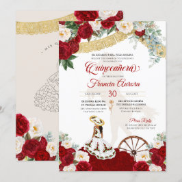 Convites Vermelho Branco Floral Dourado - Charro Quinceaner