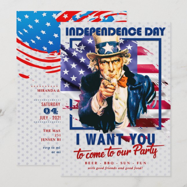 Convites Vermelho, Branco, Tio Azul Sam 4... Festa De Julho (Frente/Verso)