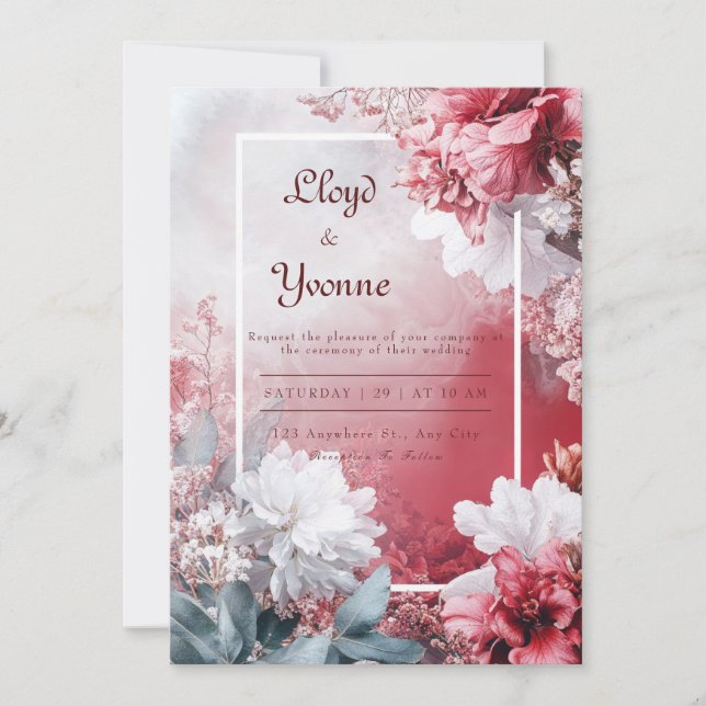 Convites Vermelho Carmesim Branco Floral Casamento Outono I (Frente)