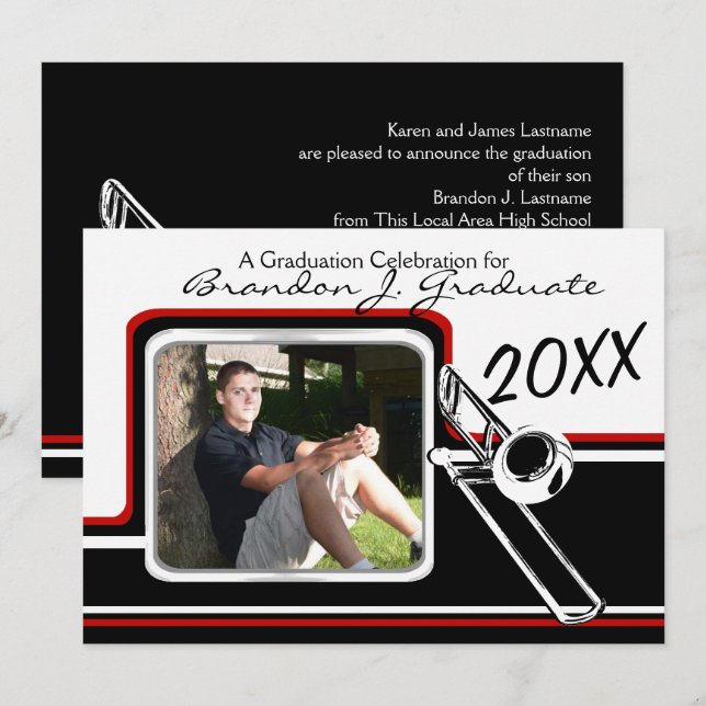 Convites Vermelho de Foto para Graduação de Trombone com Ba (Frente/Verso)