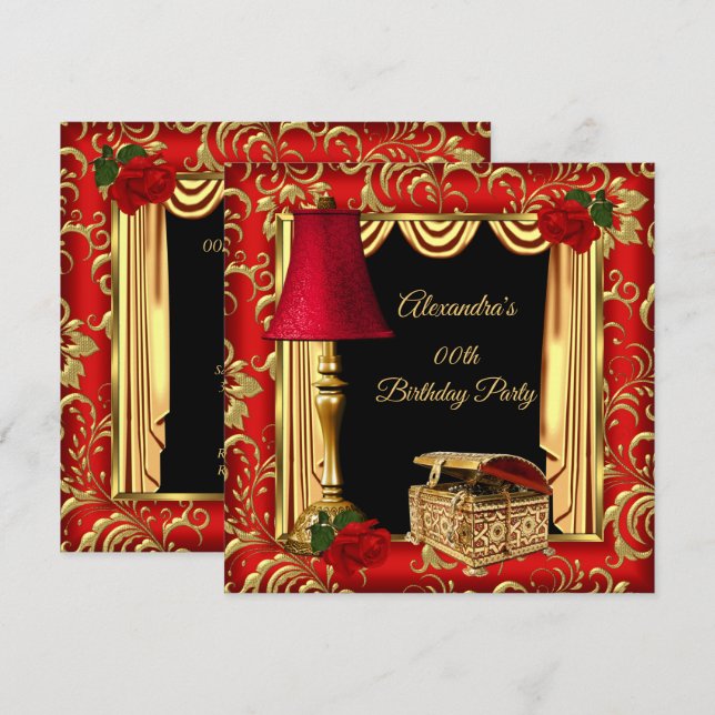 Convites Vermelho Dourado Drapes Roses lâmpada caixa de joi (Frente/Verso)