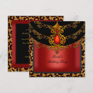 Convites Vermelho Dourado Preto Festa de Aniversário Leopar