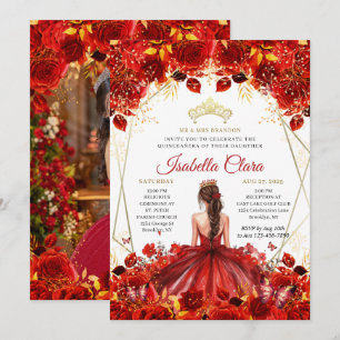 Convites Vermelho e Dourada Princesa Floral Quinceanera