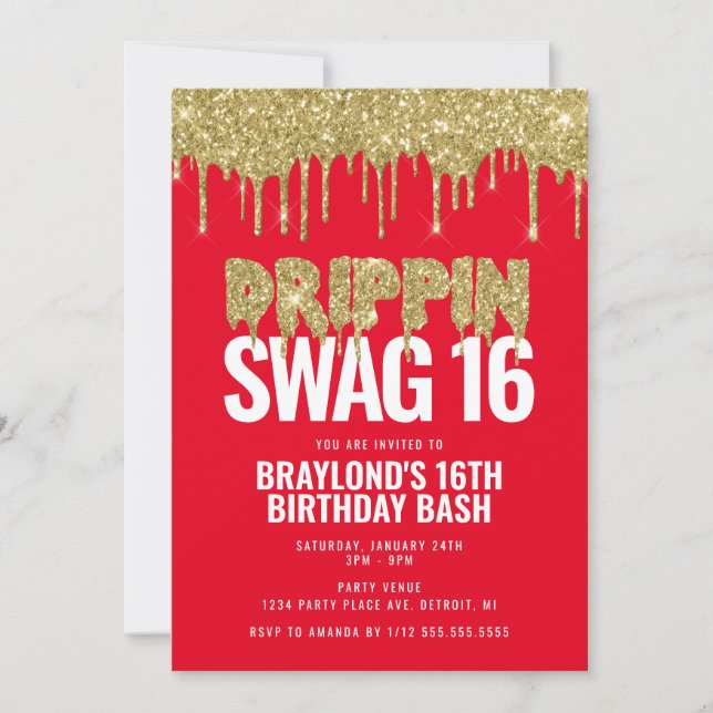 Convites Vermelho e Dourado Drippin Swag 16 Aniversário  (Frente)