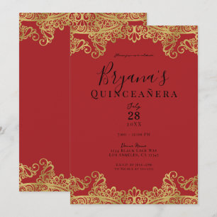 Convites Vermelho e Dourado Laço Festa de Quinceañera Elega