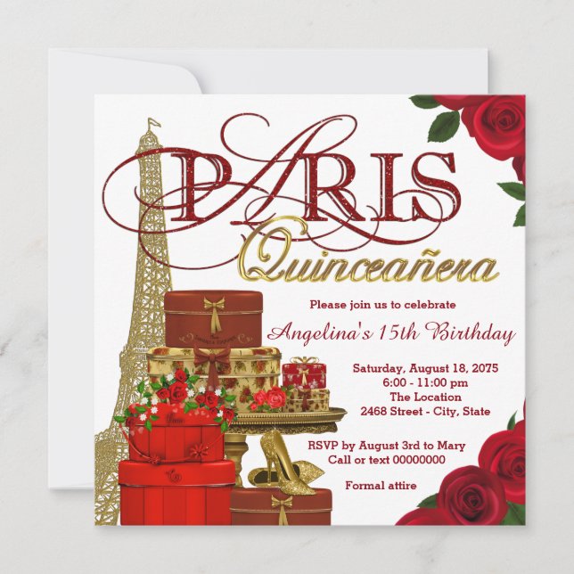 Convites Vermelho e Dourado Paris Quinceanera (Frente)