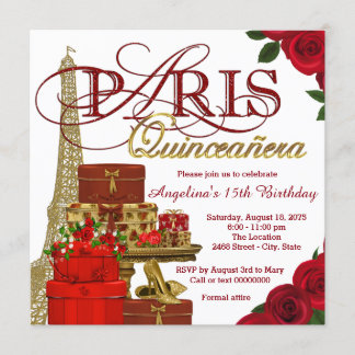 Convites Vermelho e Dourado Paris Quinceanera