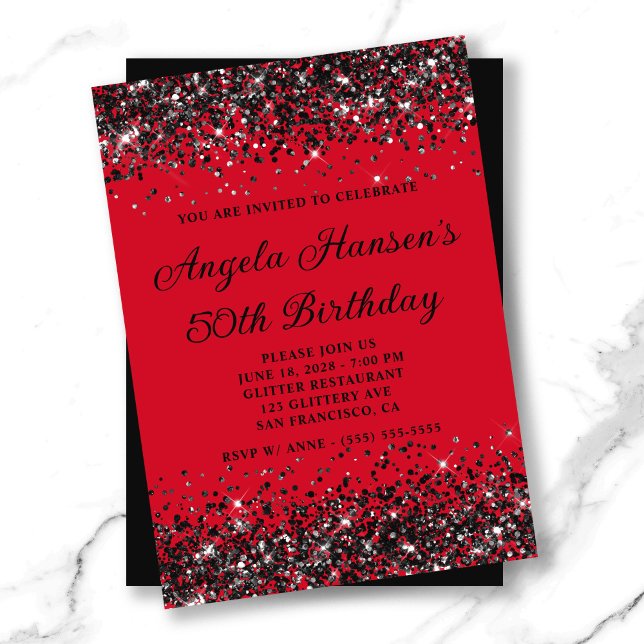 Convites Vermelho e Negro - 50º Aniversário (Red and Black Glitter 50th Birthday Invitation)