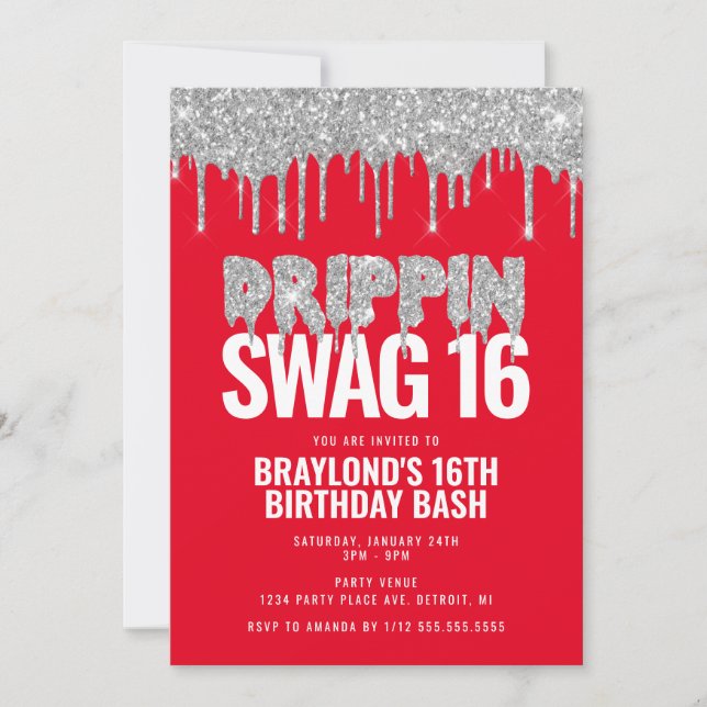 Convites Vermelho e Prata Drippin Swag 16 Aniversário (Frente)
