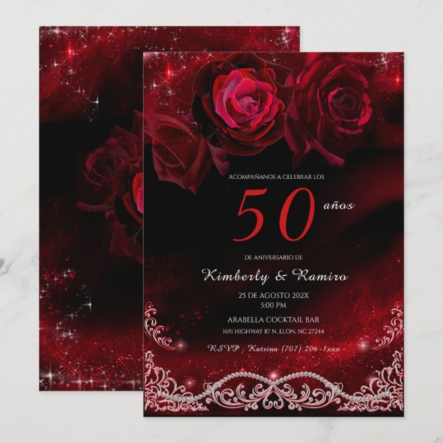 Convites Vermelho e Preto 50º Aniversário de Casamento (Frente/Verso)